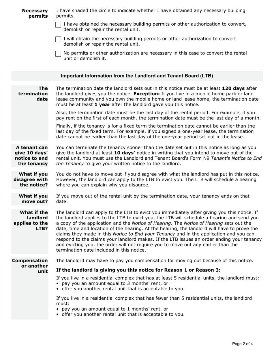Form N13 Notice to End Your Tenancy Because the Landlord Wants to Demolish the Rental Unit, Repair It or Convert It to Another Use - Ontario, Canada, Page 2