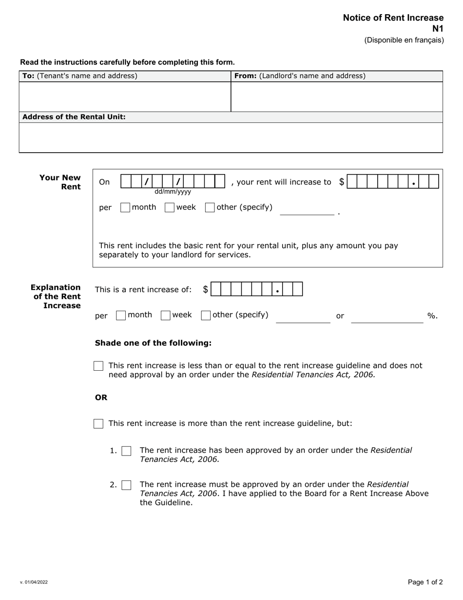 Form N1 Notice of Rent Increase - Ontario, Canada, Page 1