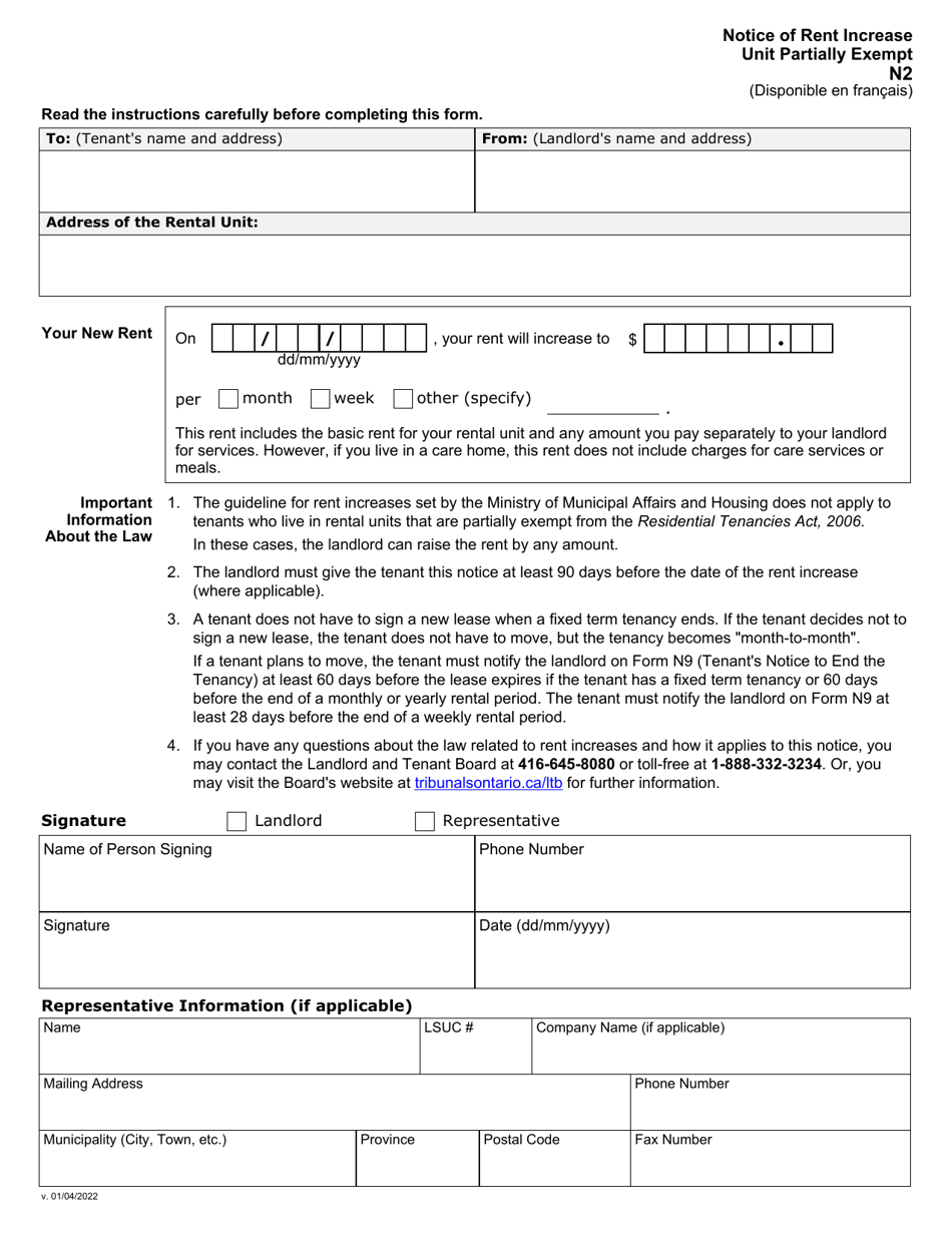 Form N2 Notice of Rent Increase Unit Partially Exempt - Ontario, Canada, Page 1
