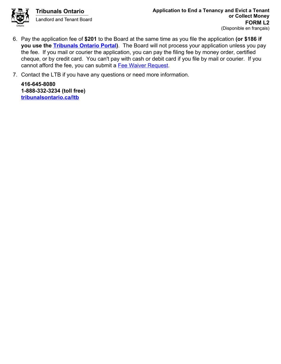 Form L2 Application to End a Tenancy and Evict a Tenant or Collect Money - Ontario, Canada, Page 2