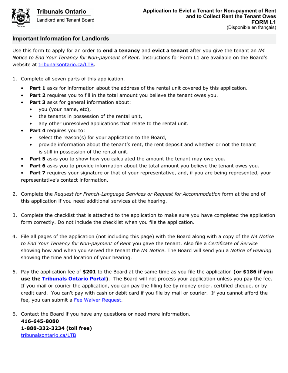Form L1 Application to Evict a Tenant for Non-payment of Rent and to Collect Rent the Tenant Owes - Ontario, Canada, Page 2