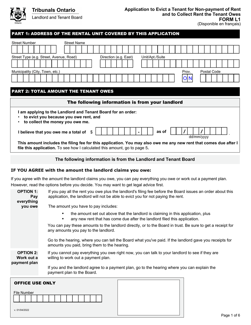 Form L1 Application to Evict a Tenant for Non-payment of Rent and to Collect Rent the Tenant Owes - Ontario, Canada, Page 3