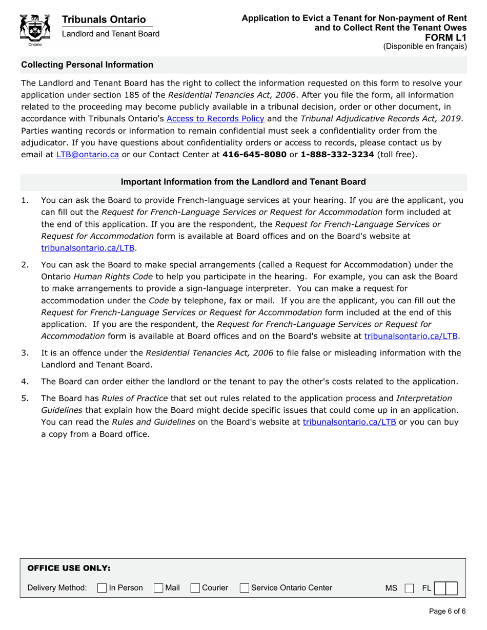 Form L1 Application to Evict a Tenant for Non-payment of Rent and to Collect Rent the Tenant Owes - Ontario, Canada, Page 8