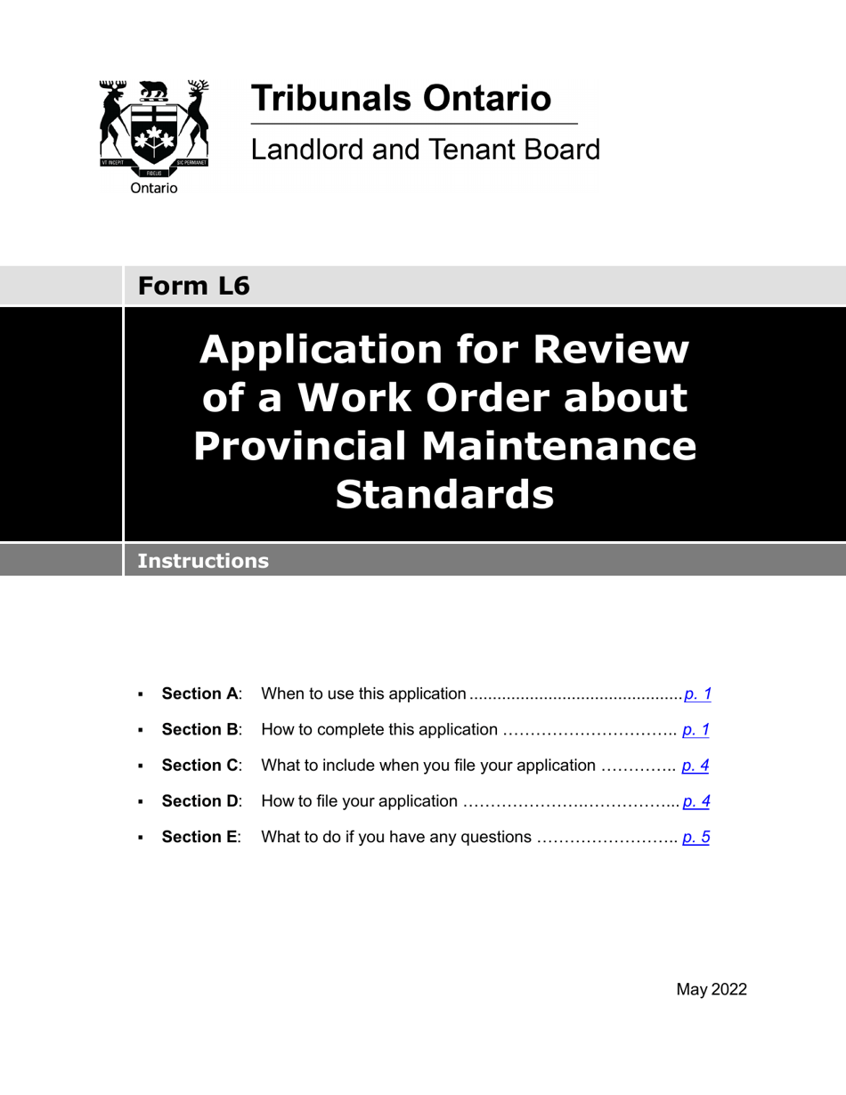 Instructions for Form L6 Application for Review of a Work Order About Provincial Maintenance Standards - Ontario, Canada, Page 1
