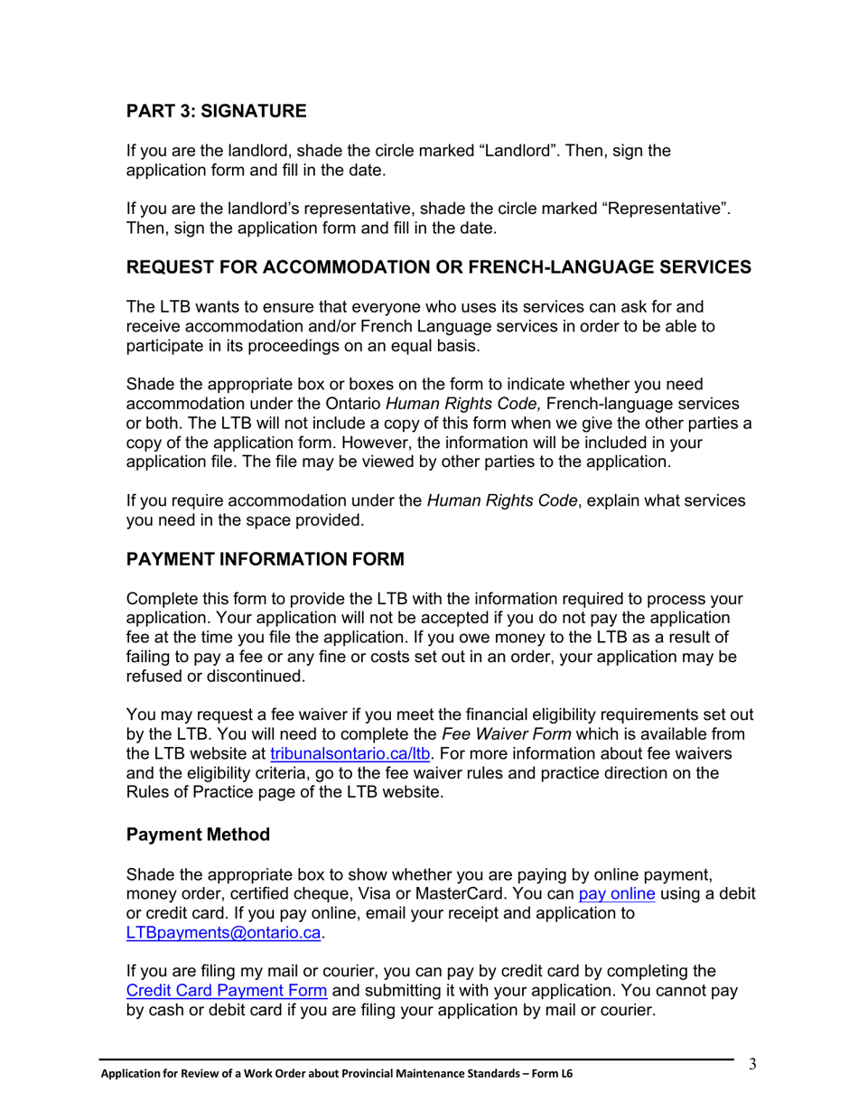 Instructions for Form L6 Application for Review of a Work Order About Provincial Maintenance Standards - Ontario, Canada, Page 4