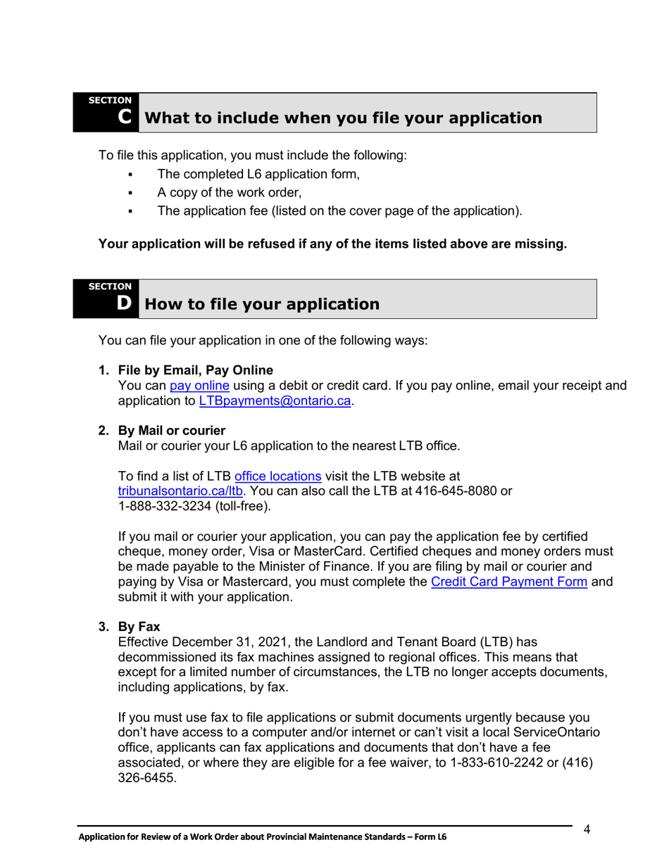 Instructions for Form L6 Application for Review of a Work Order About Provincial Maintenance Standards - Ontario, Canada, Page 5