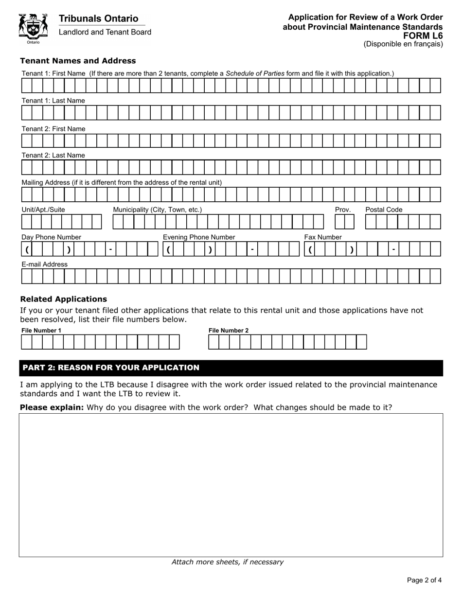 Form L6 Application for Review of a Work Order About Provincial Maintenance Standards - Ontario, Canada, Page 3
