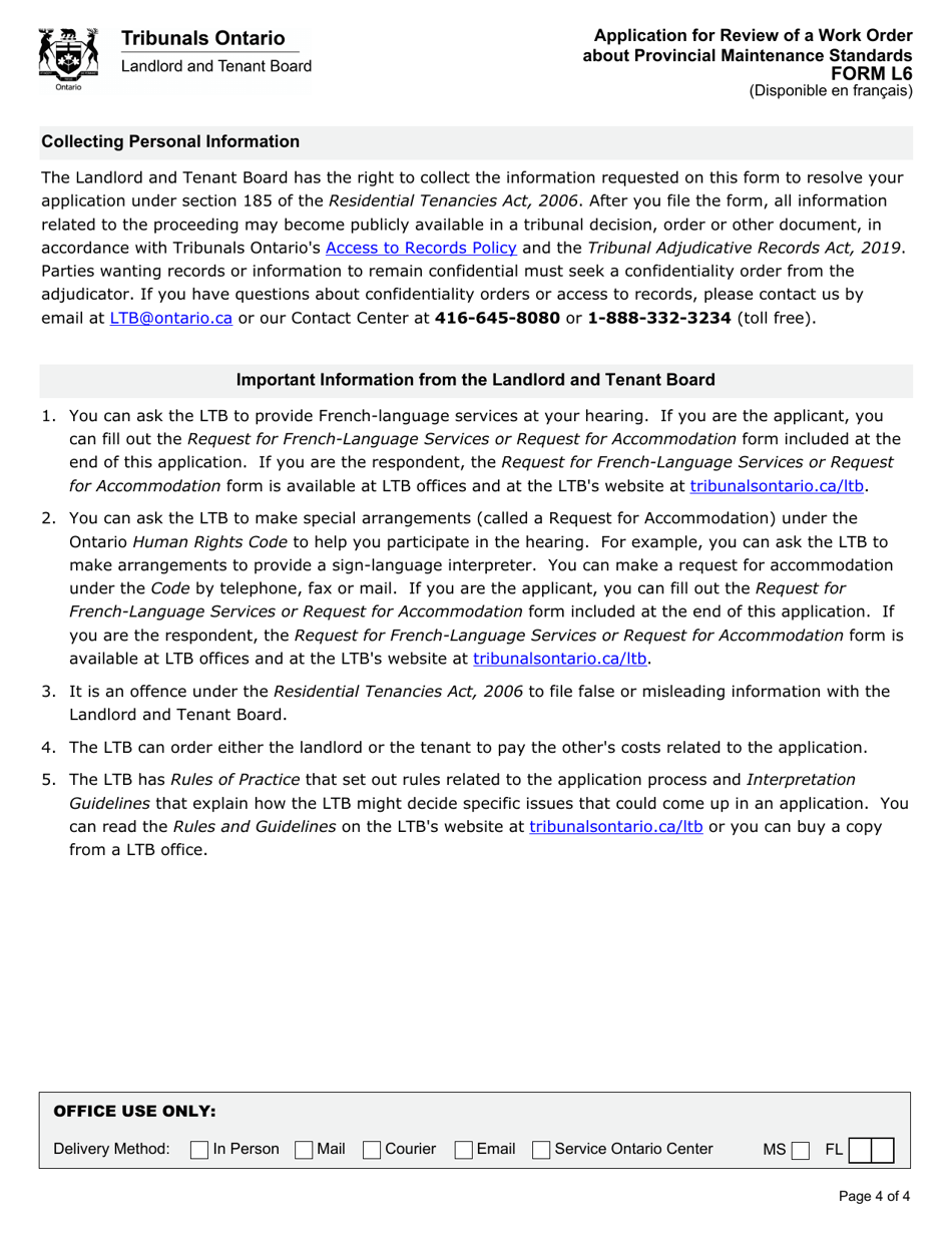 Form L6 Application for Review of a Work Order About Provincial Maintenance Standards - Ontario, Canada, Page 5