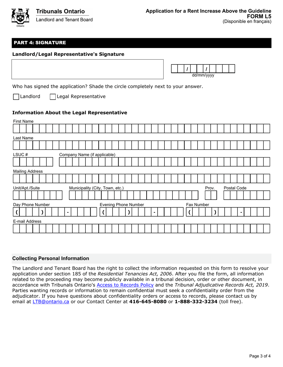 Form L5 Application for a Rent Increase Above the Guideline - Ontario, Canada, Page 4