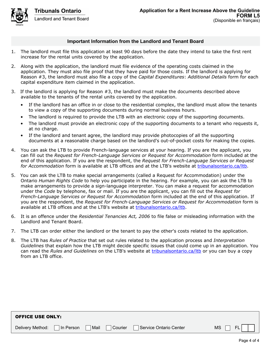 Form L5 Application for a Rent Increase Above the Guideline - Ontario, Canada, Page 5