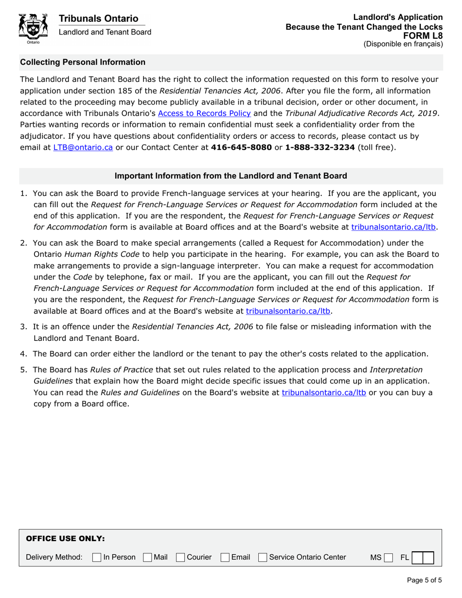 Form L8 Landlords Application Because the Tenant Changed the Locks - Ontario, Canada, Page 6