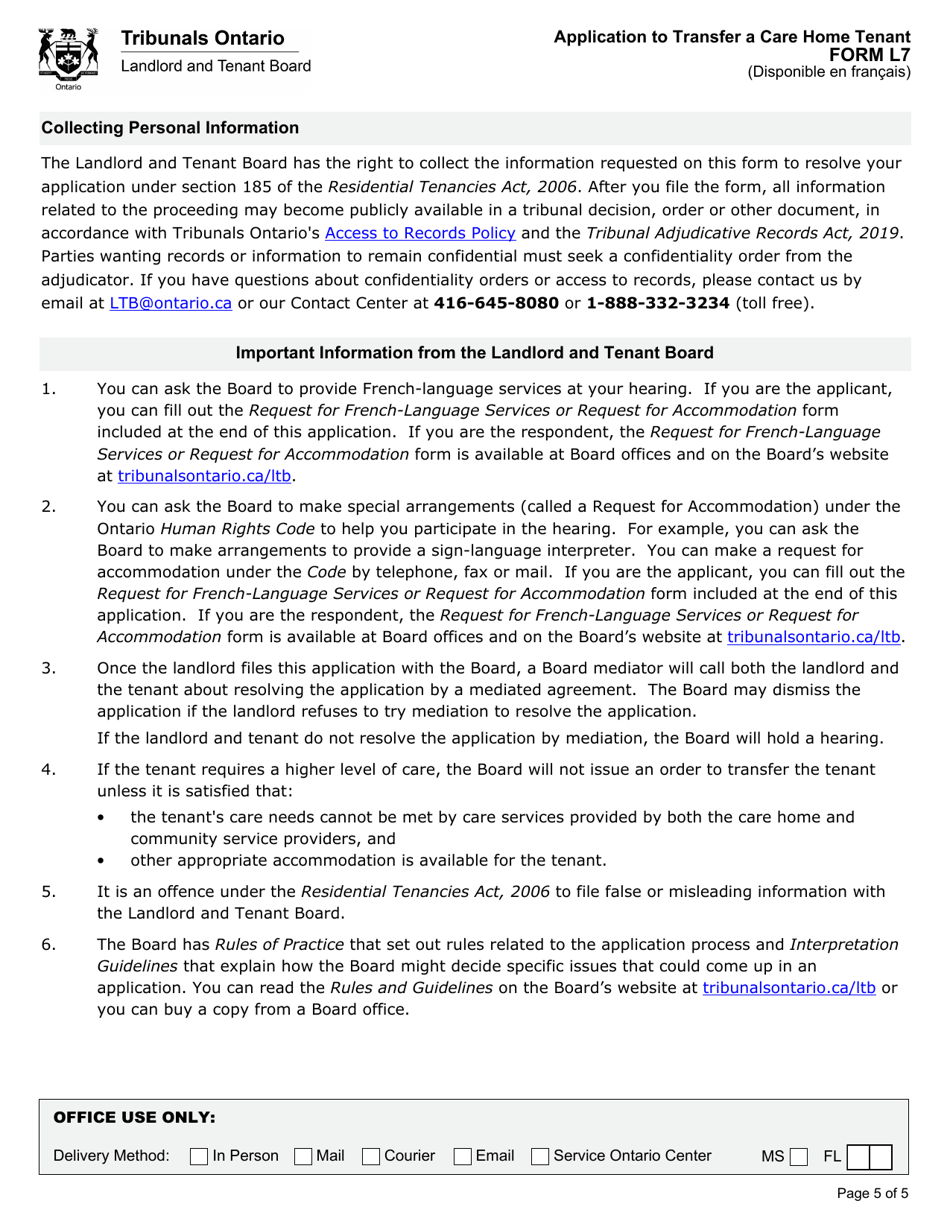 Form L7 Application to Transfer a Care Home Tenant - Ontario, Canada, Page 6