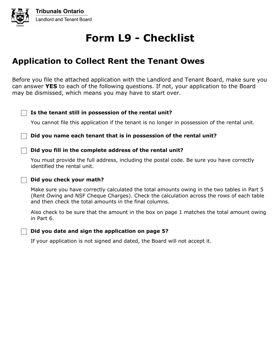 Form L9 Application to Collect Rent the Tenant Owes - Ontario, Canada, Page 1
