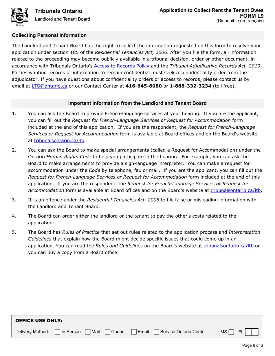 Form L9 Application to Collect Rent the Tenant Owes - Ontario, Canada, Page 8