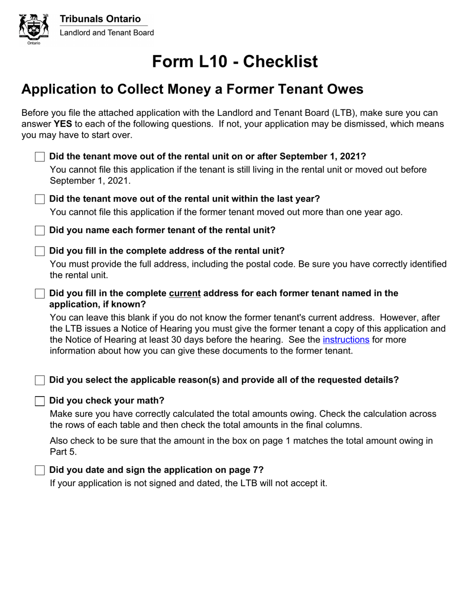 Form L10 Application to Collect Money a Former Tenant Owes - Ontario, Canada, Page 1