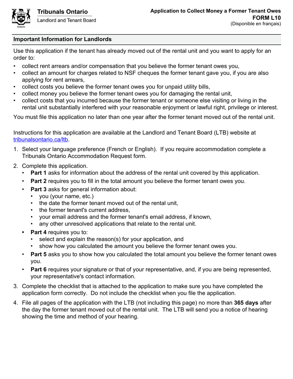 Form L10 Application to Collect Money a Former Tenant Owes - Ontario, Canada, Page 2