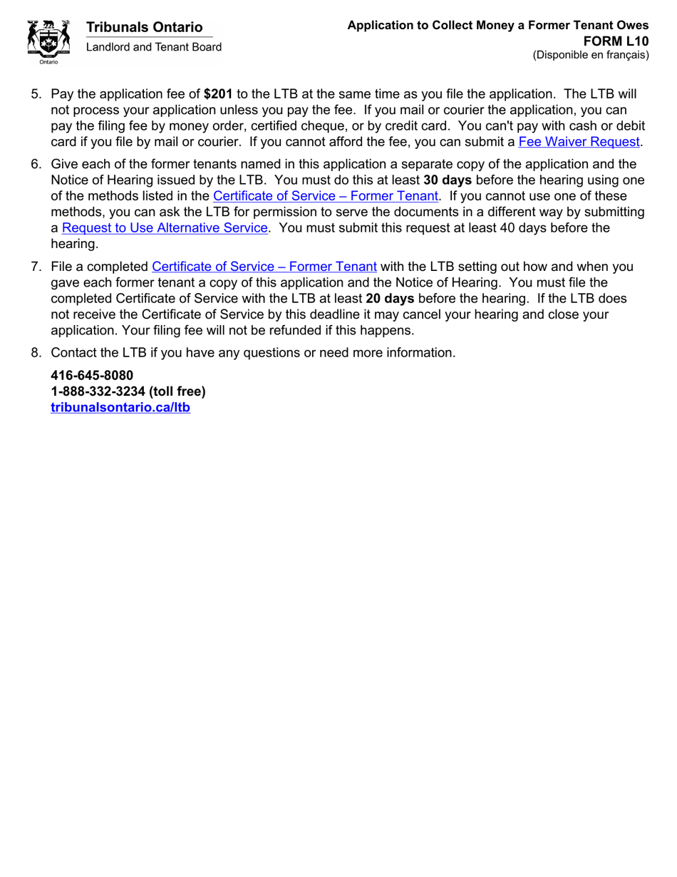 Form L10 Application to Collect Money a Former Tenant Owes - Ontario, Canada, Page 3