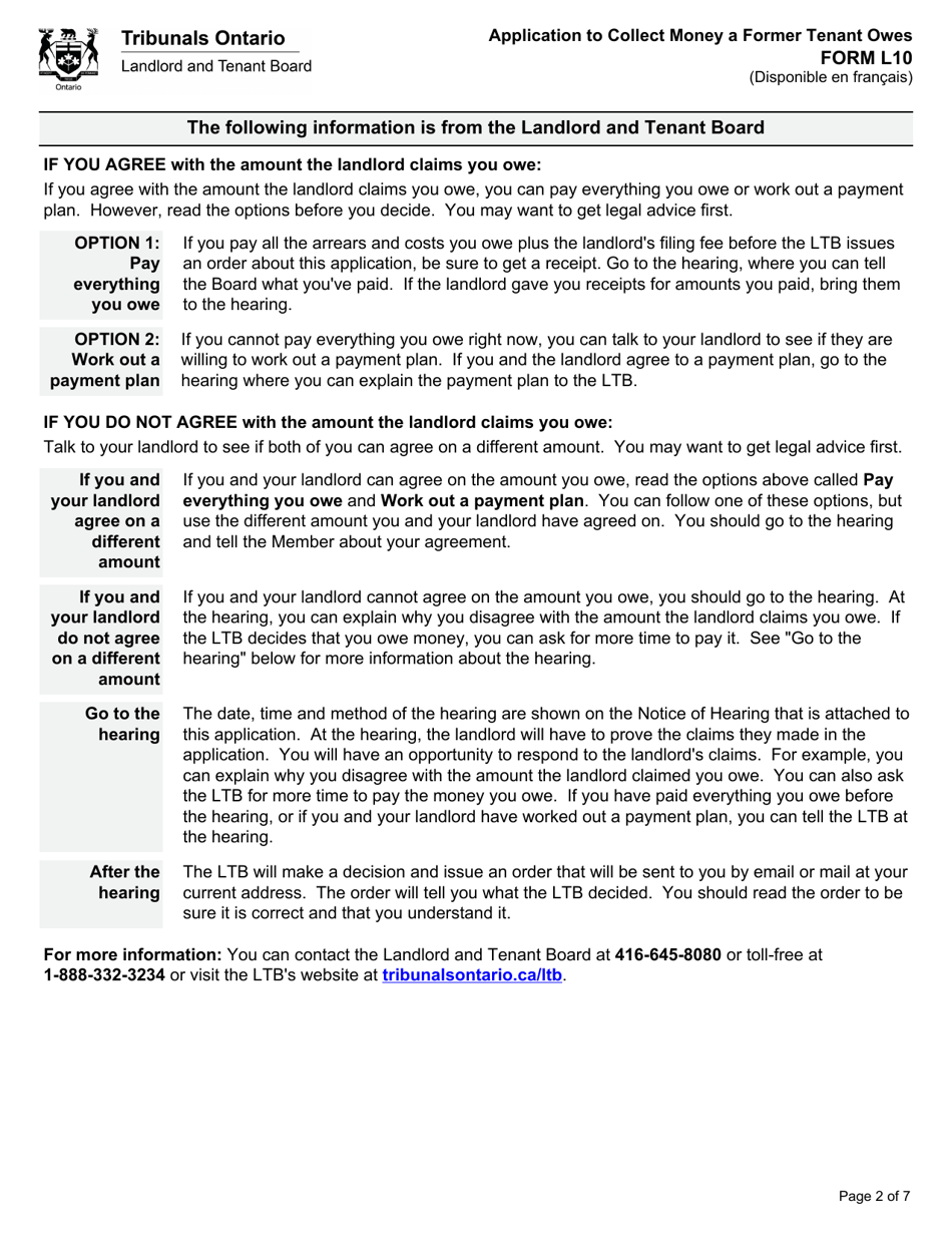 Form L10 Application to Collect Money a Former Tenant Owes - Ontario, Canada, Page 5