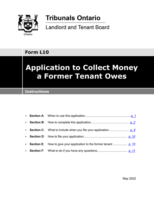 Instructions for Form L10 Application to Collect Money a Former Tenant Owes - Ontario, Canada