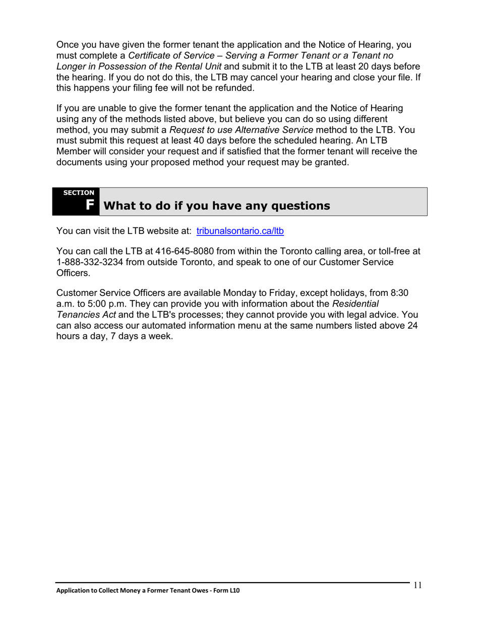 Instructions for Form L10 Application to Collect Money a Former Tenant Owes - Ontario, Canada, Page 12