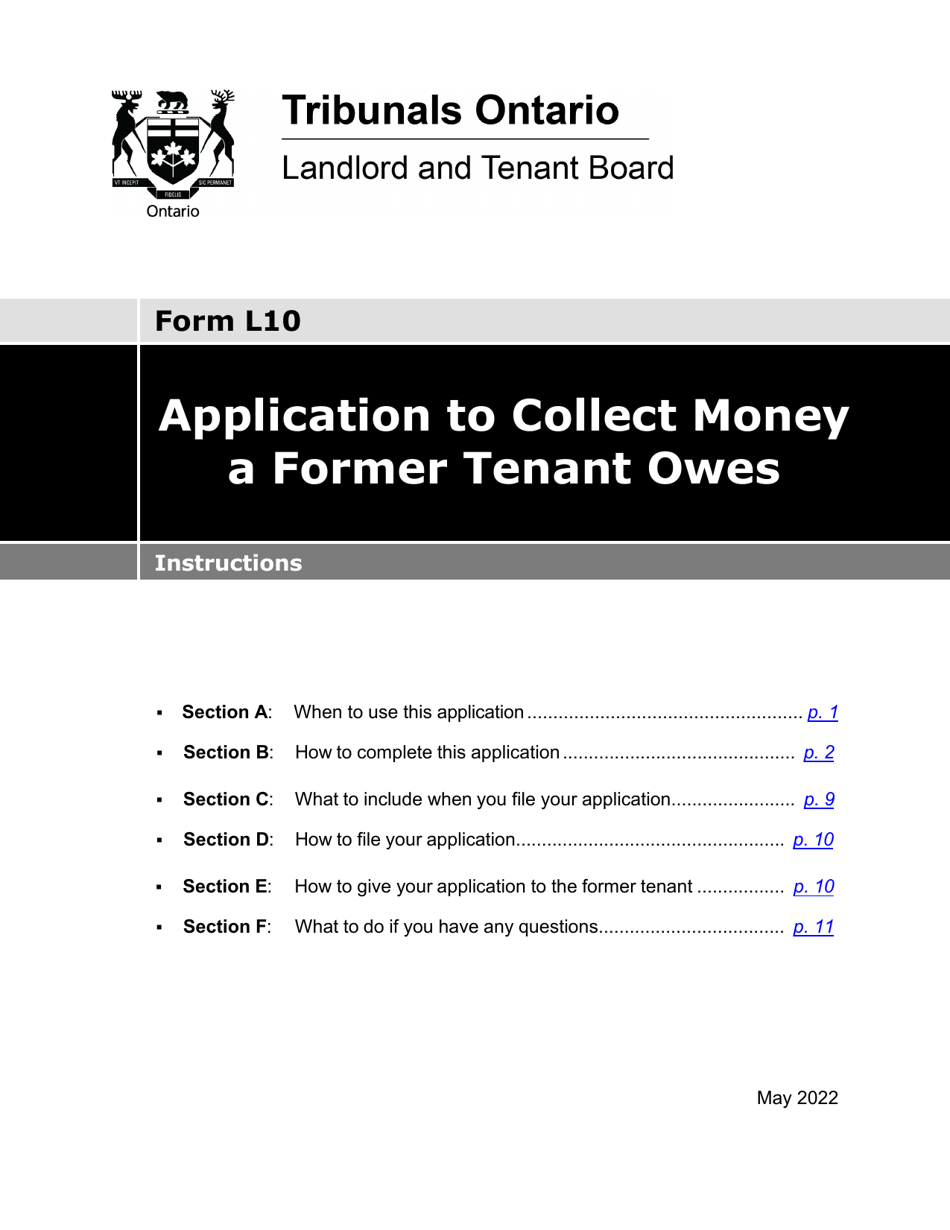 Instructions for Form L10 Application to Collect Money a Former Tenant Owes - Ontario, Canada, Page 1
