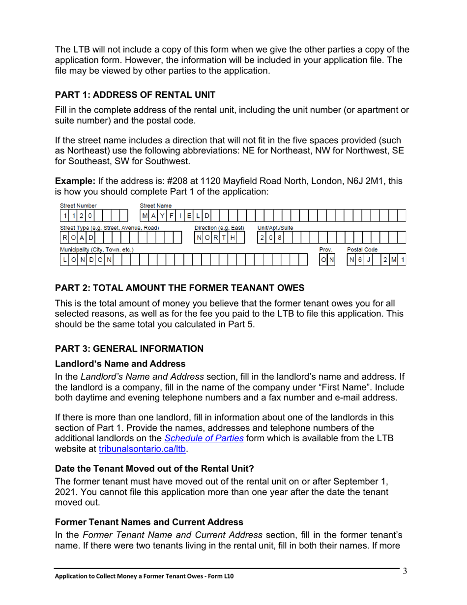 Instructions for Form L10 Application to Collect Money a Former Tenant Owes - Ontario, Canada, Page 4