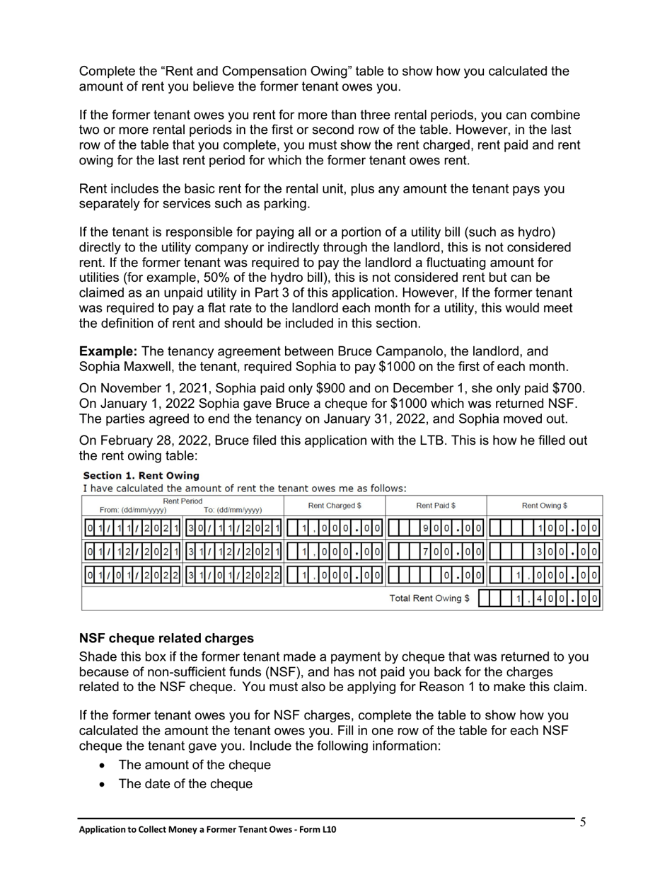 Instructions for Form L10 Application to Collect Money a Former Tenant Owes - Ontario, Canada, Page 6