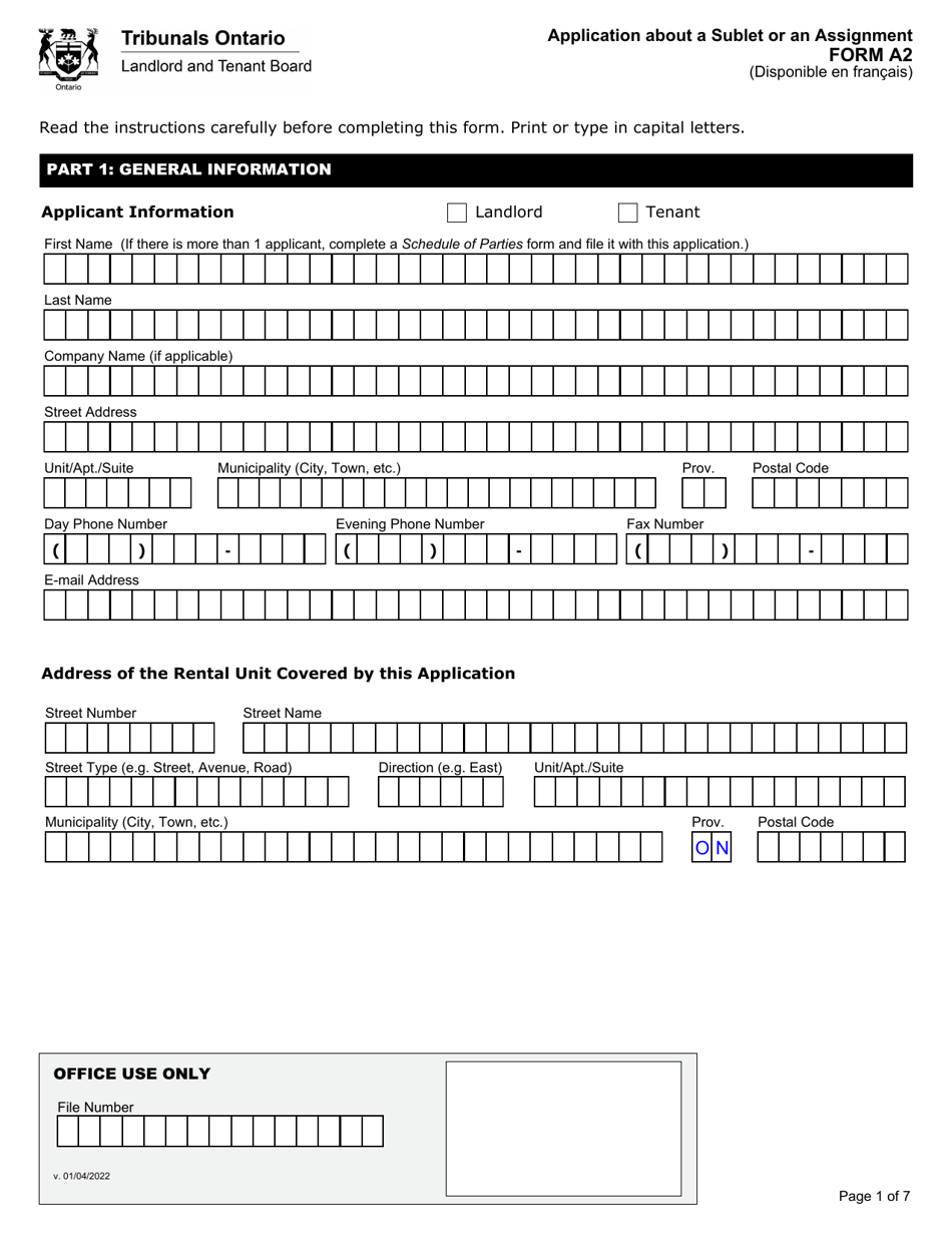 Form A2 Application About a Sublet or an Assignment - Ontario, Canada, Page 2