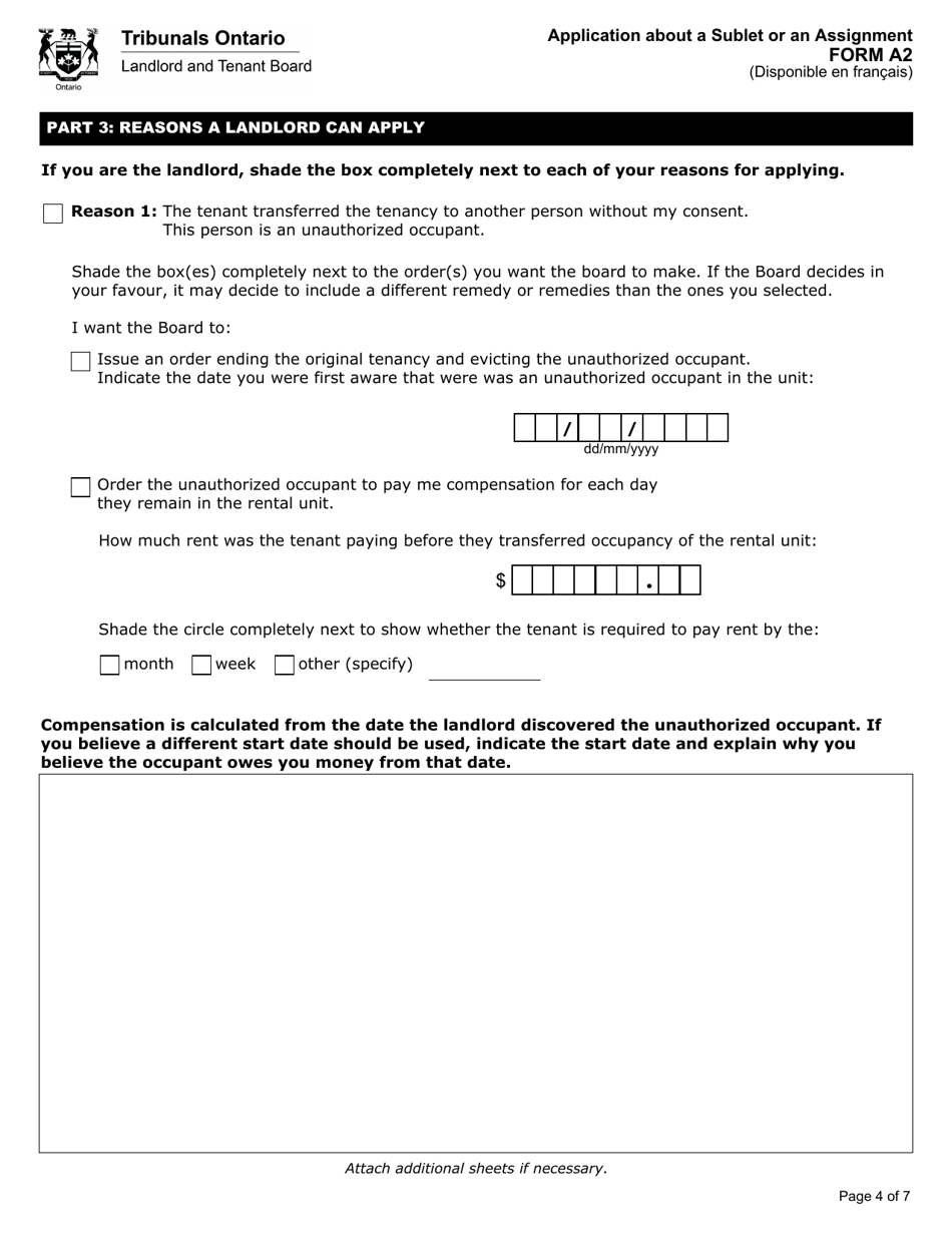 Form A2 Application About a Sublet or an Assignment - Ontario, Canada, Page 5