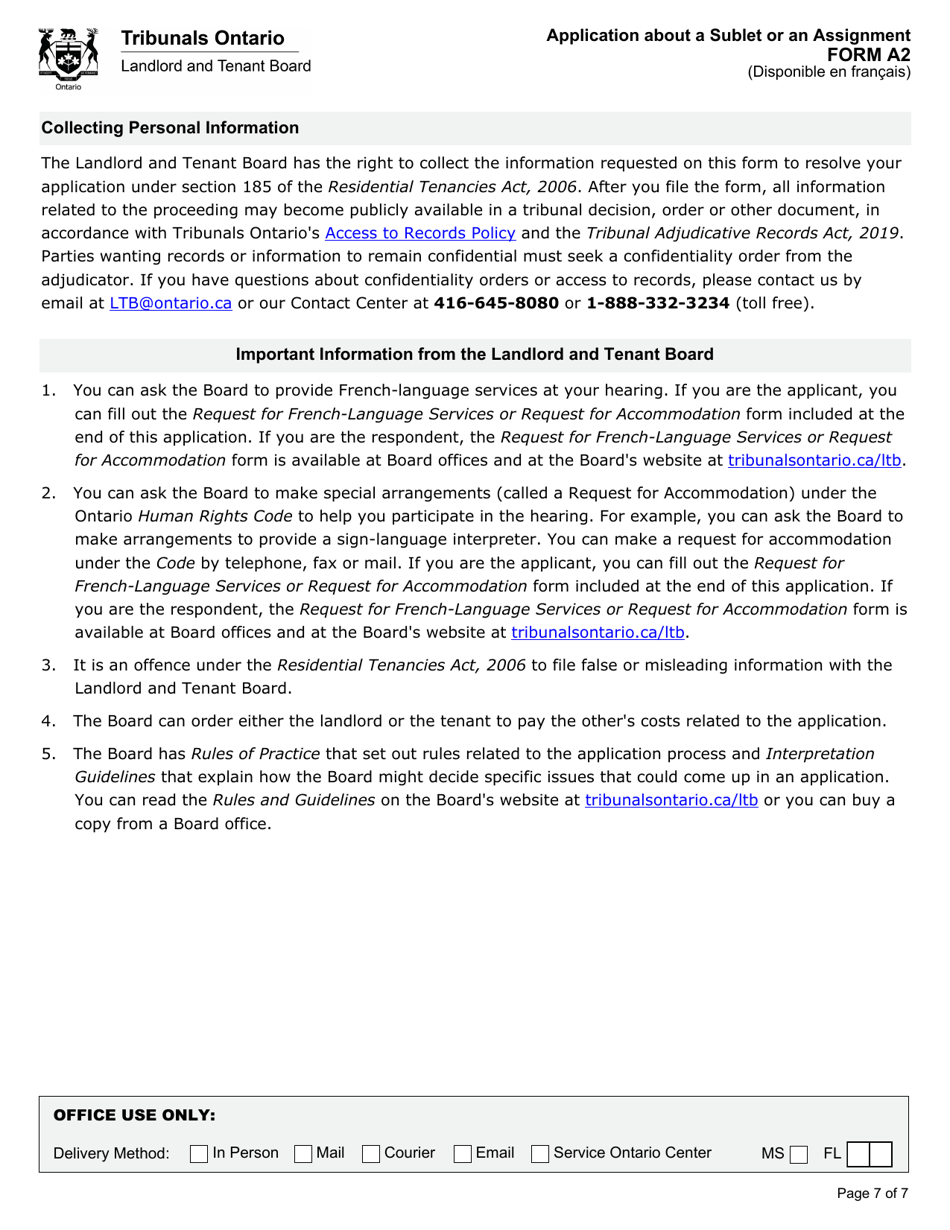 Form A2 Application About a Sublet or an Assignment - Ontario, Canada, Page 8