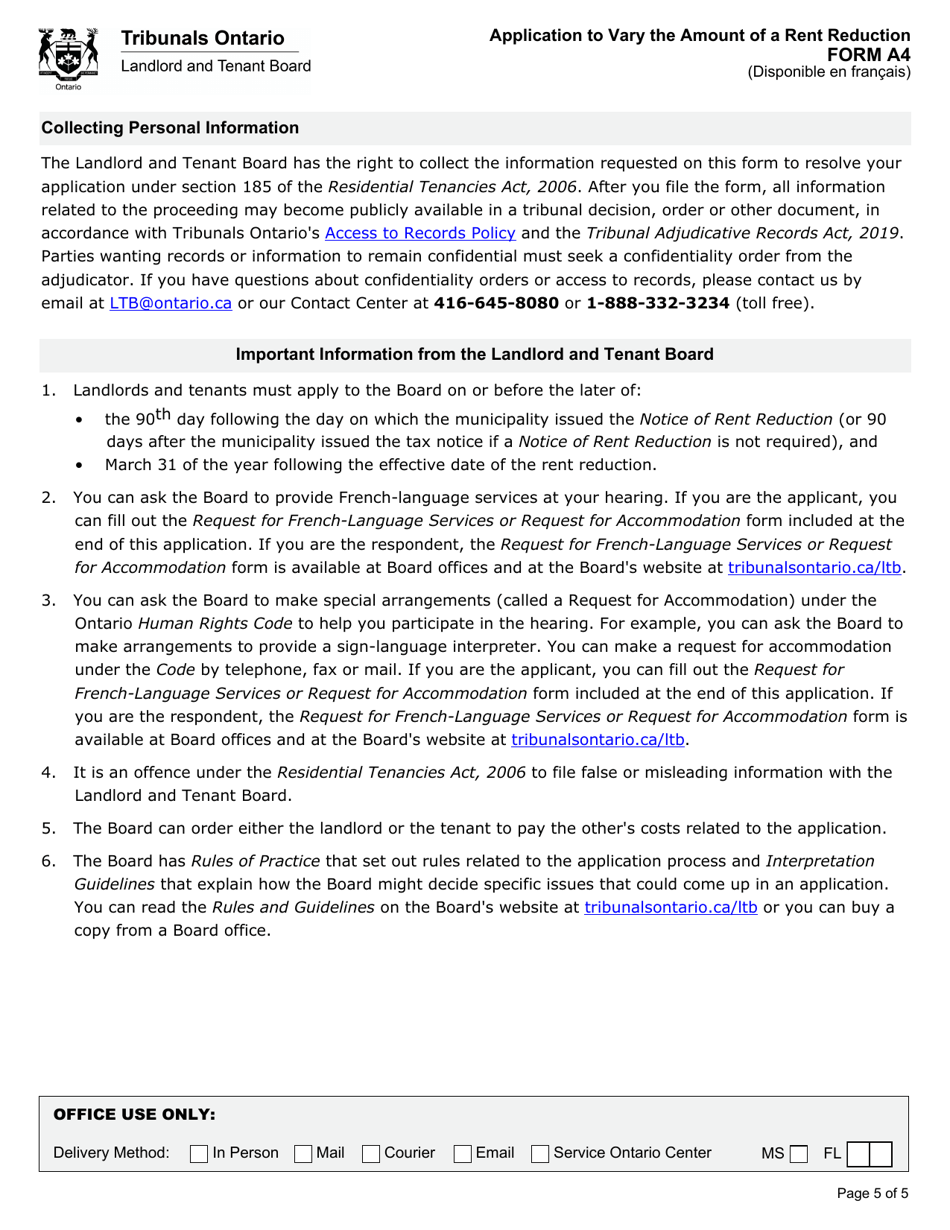 Form A4 Application to Vary the Amount of a Rent Reduction - Ontario, Canada, Page 6