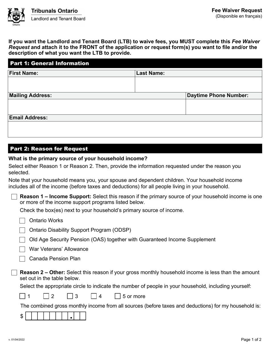 Fee Waiver Request - Ontario, Canada, Page 1