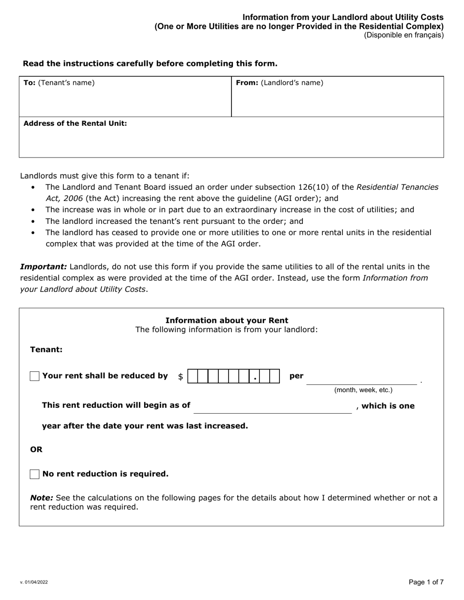 Information From Your Landlord About Utility Costs (One or More Utilities Are No Longer Provided in the Residential Complex) - Ontario, Canada, Page 1