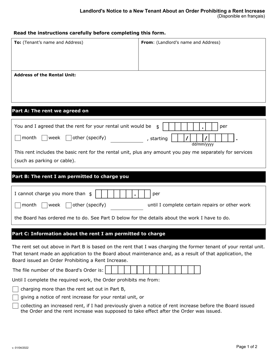 Ontario Canada Landlord's Notice to a New Tenant About an Order