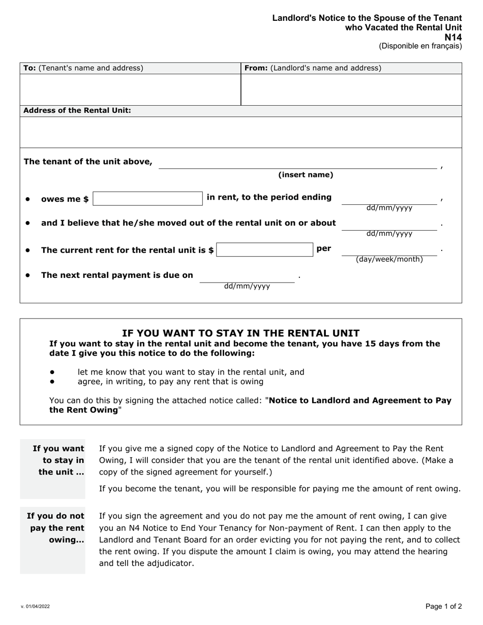 Form N14 Landlords Notice to the Spouse of the Tenant Who Vacated the Rental Unit - Ontario, Canada, Page 3