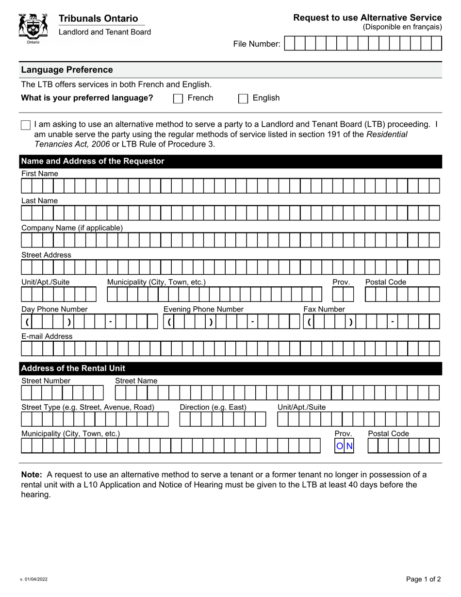 Request to Use Alternative Service - Ontario, Canada, Page 1