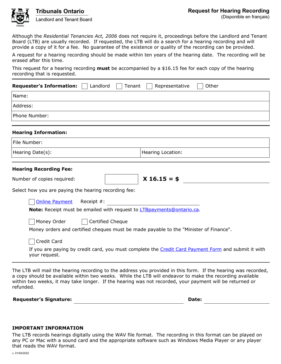 Request for Hearing Recording - Ontario, Canada, Page 1
