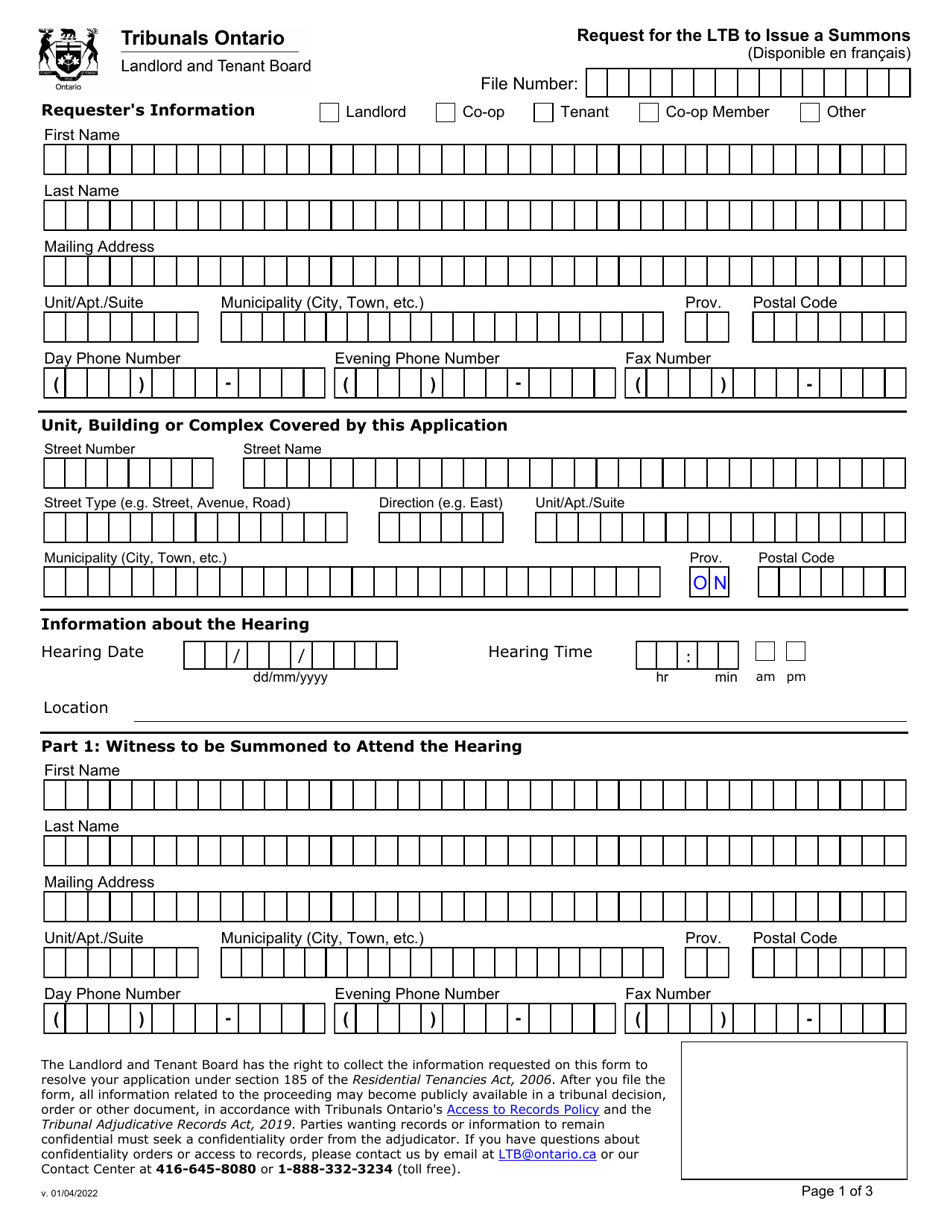 Ontario Canada Request for the Ltb to Issue a Summons Download Fillable ...