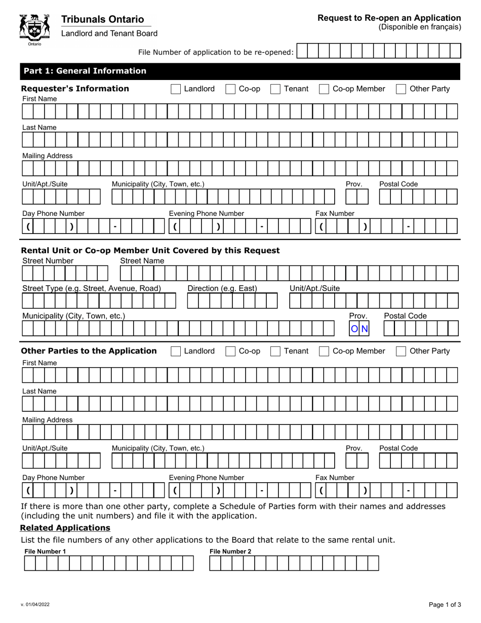 Request to Re-open an Application - Ontario, Canada, Page 1