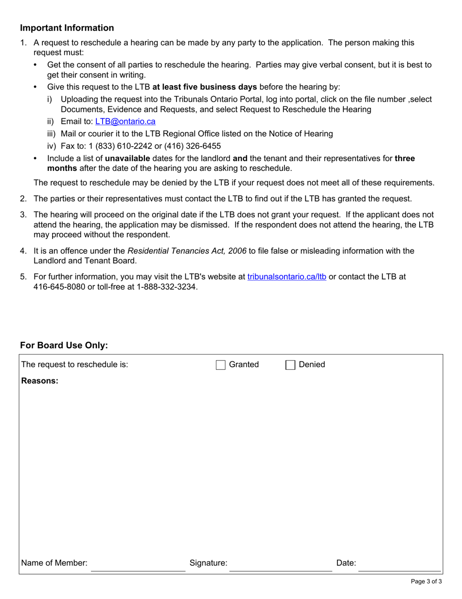 Request to Reschedule a Hearing - Ontario, Canada, Page 3