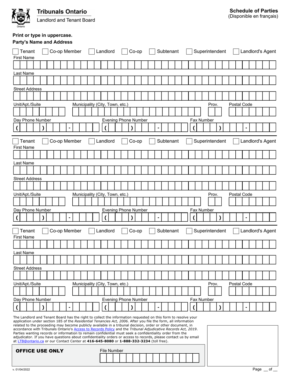 Schedule of Parties - Ontario, Canada, Page 1
