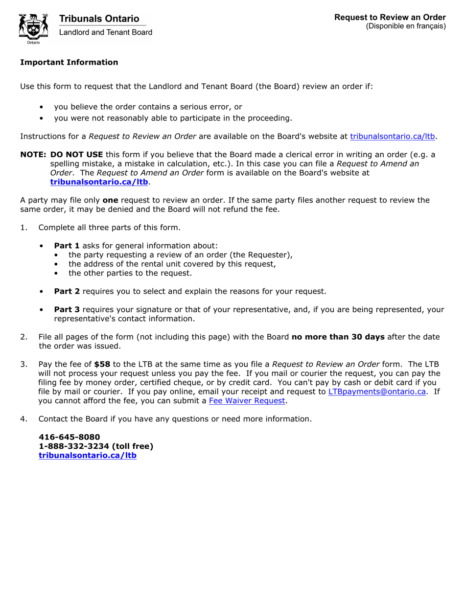 Request to Review an Order - Ontario, Canada, Page 1