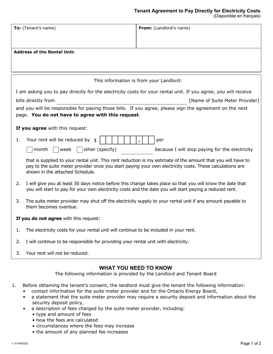 Tenant Agreement to Pay Directly for Electricity Costs - Ontario, Canada, Page 1