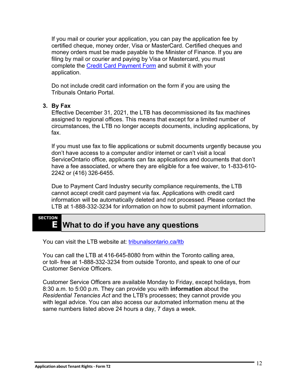 Instructions for Form T2 Application About Tenant Rights - Ontario, Canada, Page 13