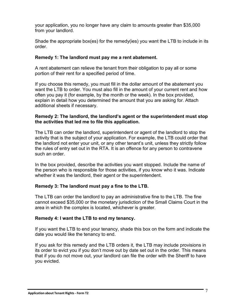 Instructions for Form T2 Application About Tenant Rights - Ontario, Canada, Page 8