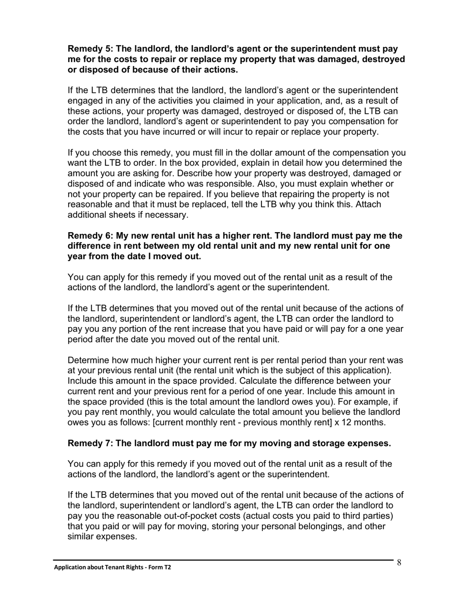 Instructions for Form T2 Application About Tenant Rights - Ontario, Canada, Page 9