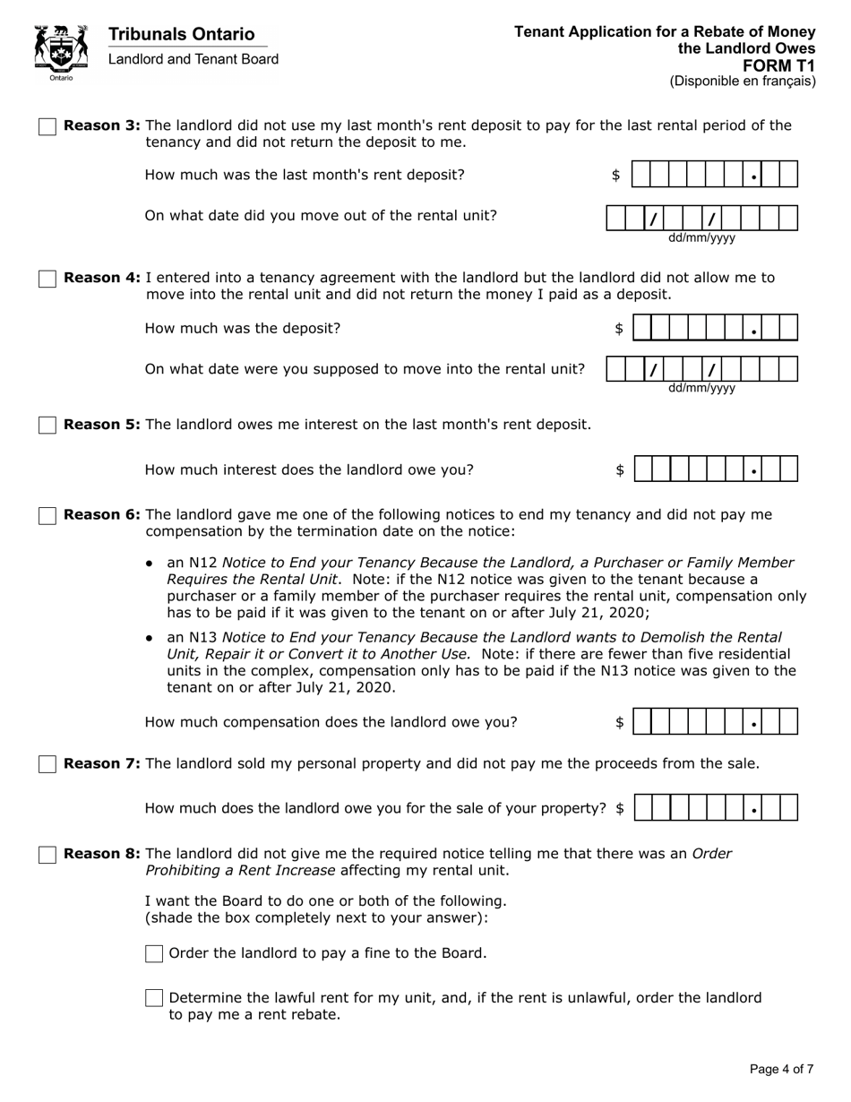 Form T1 Tenant Application for a Rebate of Money the Landlord Owes - Ontario, Canada, Page 5