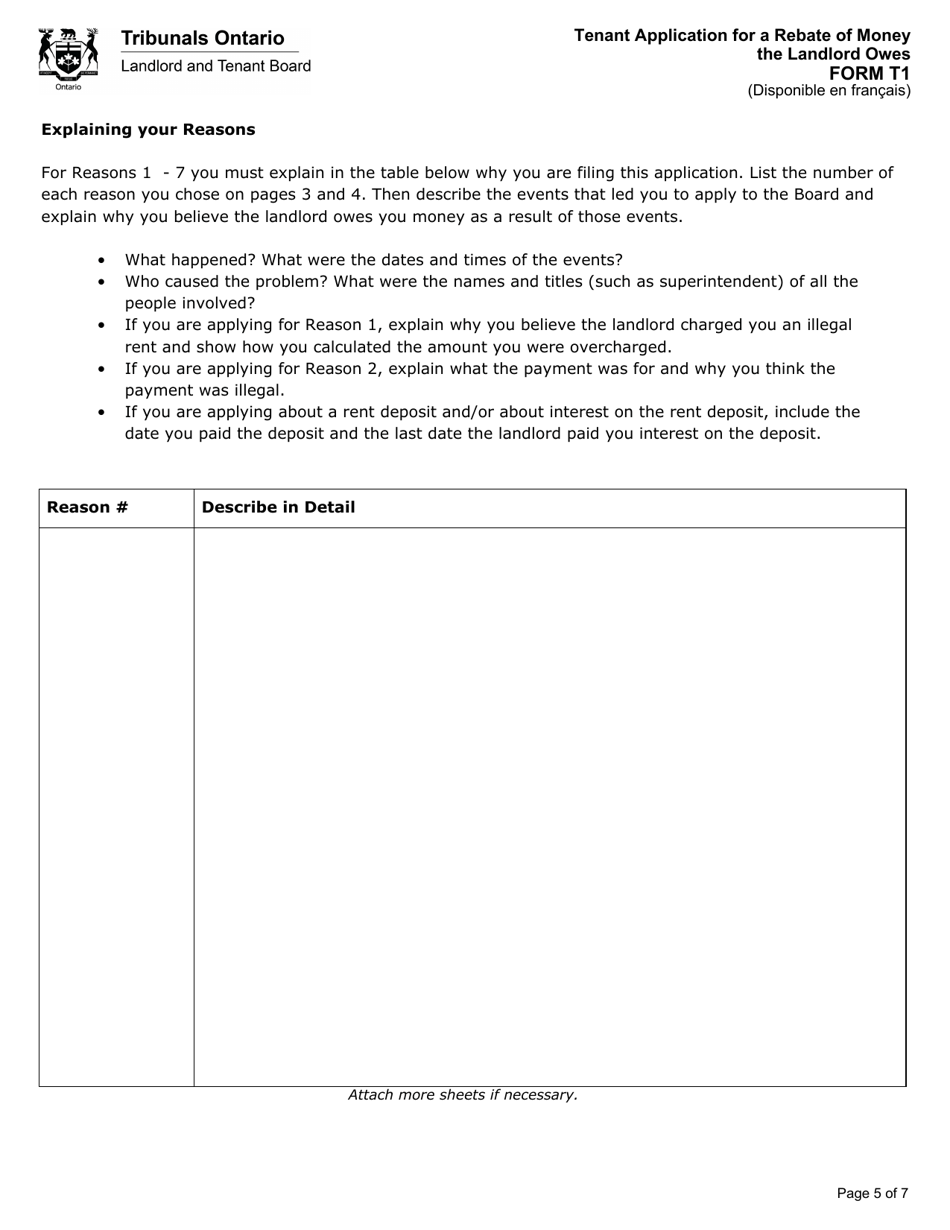 Form T1 Tenant Application for a Rebate of Money the Landlord Owes - Ontario, Canada, Page 6