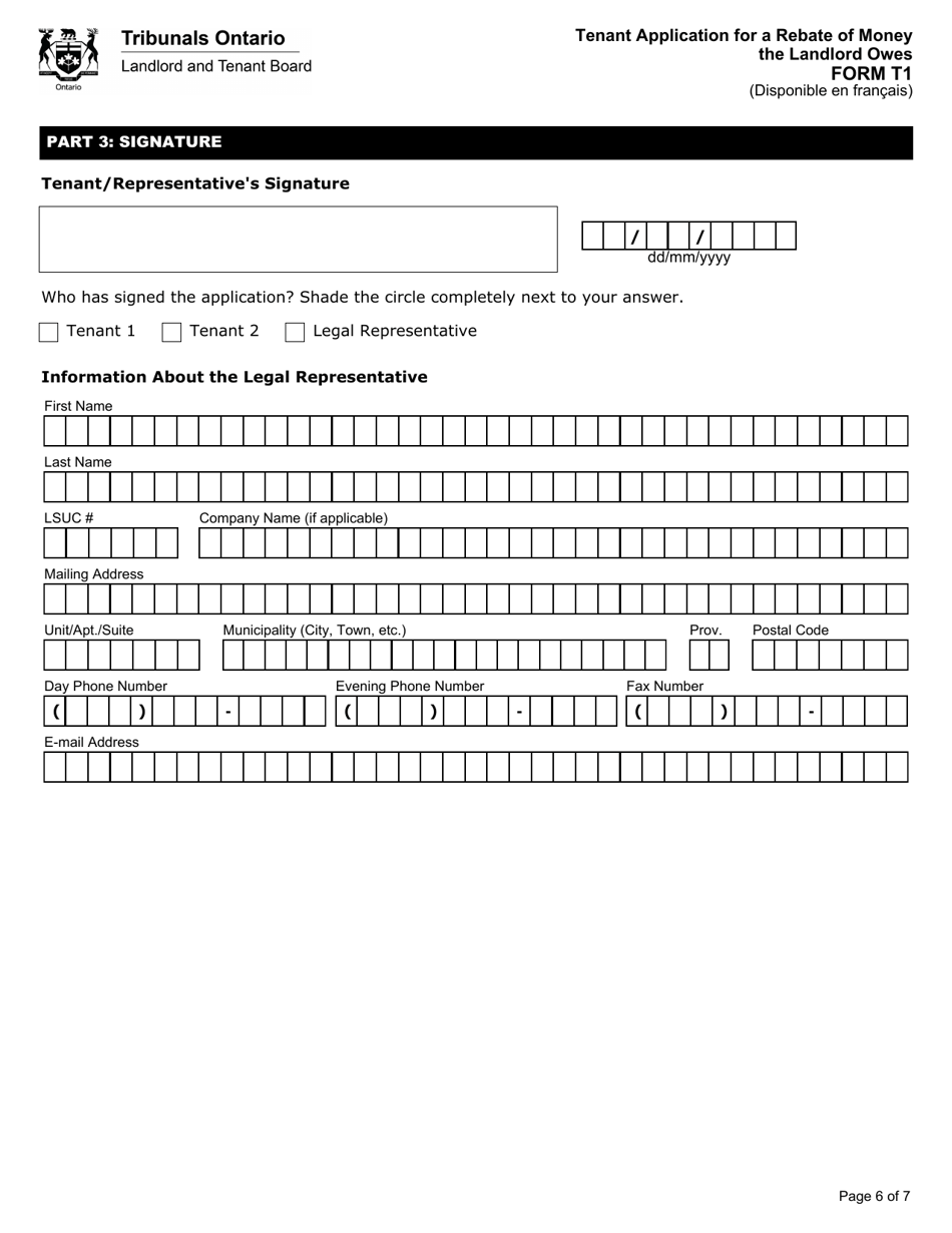 Form T1 Tenant Application for a Rebate of Money the Landlord Owes - Ontario, Canada, Page 7