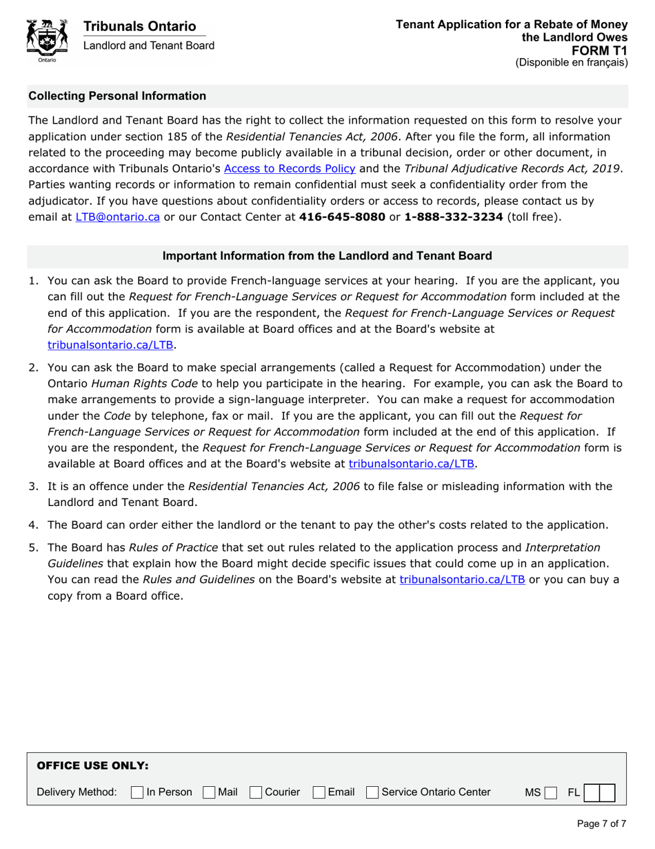 Form T1 Tenant Application for a Rebate of Money the Landlord Owes - Ontario, Canada, Page 8